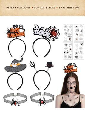 4 Pack Halloween Headband Set with Necklace Tattoos Cosplay Party